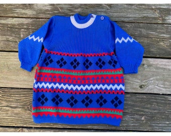 Girls sweater dress geometric intarsia blue red white green vintage 1980s