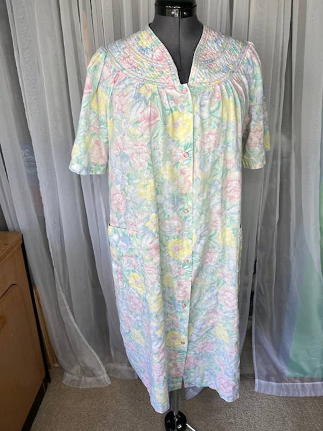 Floral House Dress Duster Quilted Collar Pink Blue Yellow Etsy