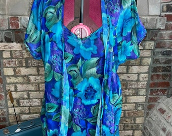 nightgown set nightgown robe panties semis sheer floral blue purple green