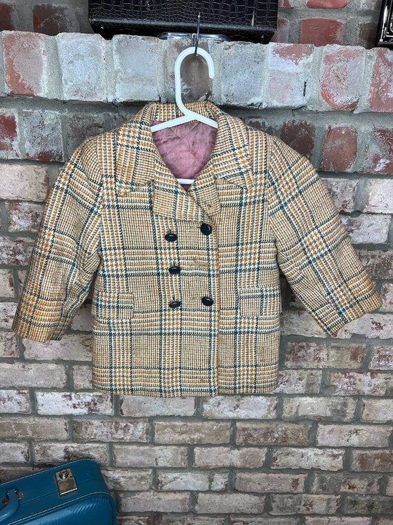 toddler kids coat Vintage 1950s plaid brown tan b… - image 1