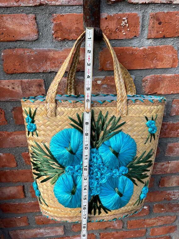 raffia straw shoulder bag purse floral bucket bag… - image 2