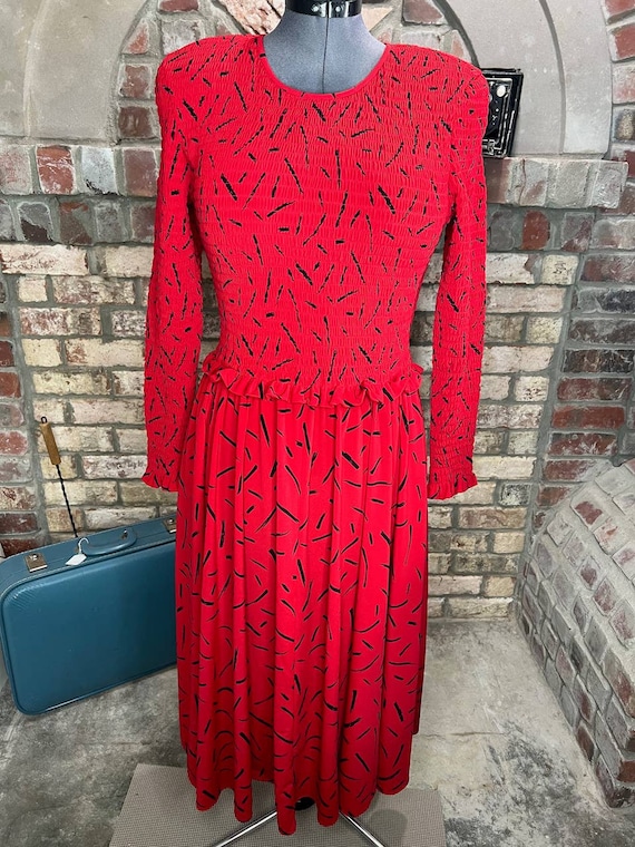 Liz Claiborne dress smocked bodice red black long… - image 1