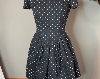 1980s party dress polka dot fit and flare off shoulder