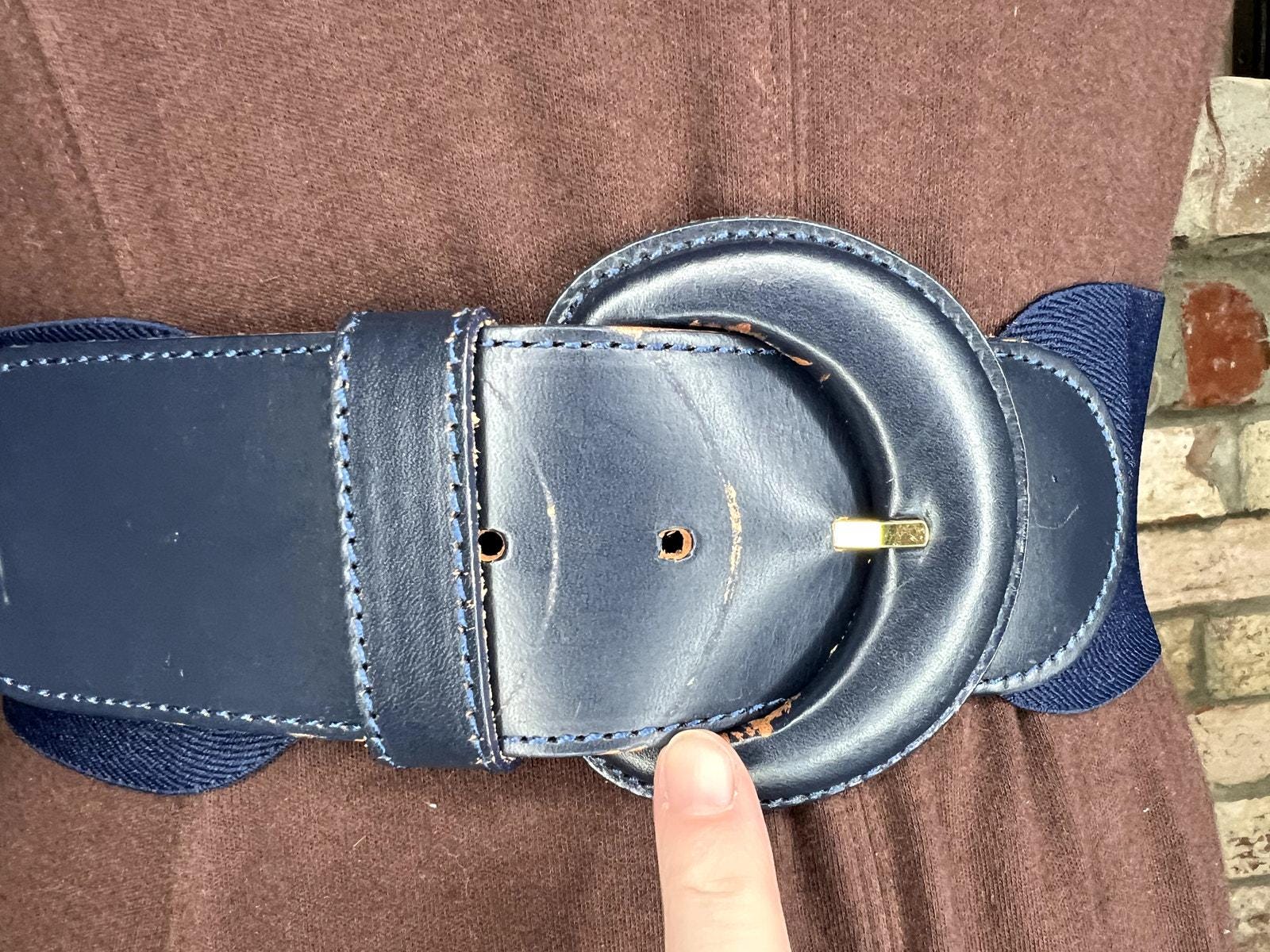 Elastic Belt Chunky Genuine Leather Navy Blue 1980s - Etsy display picture 2