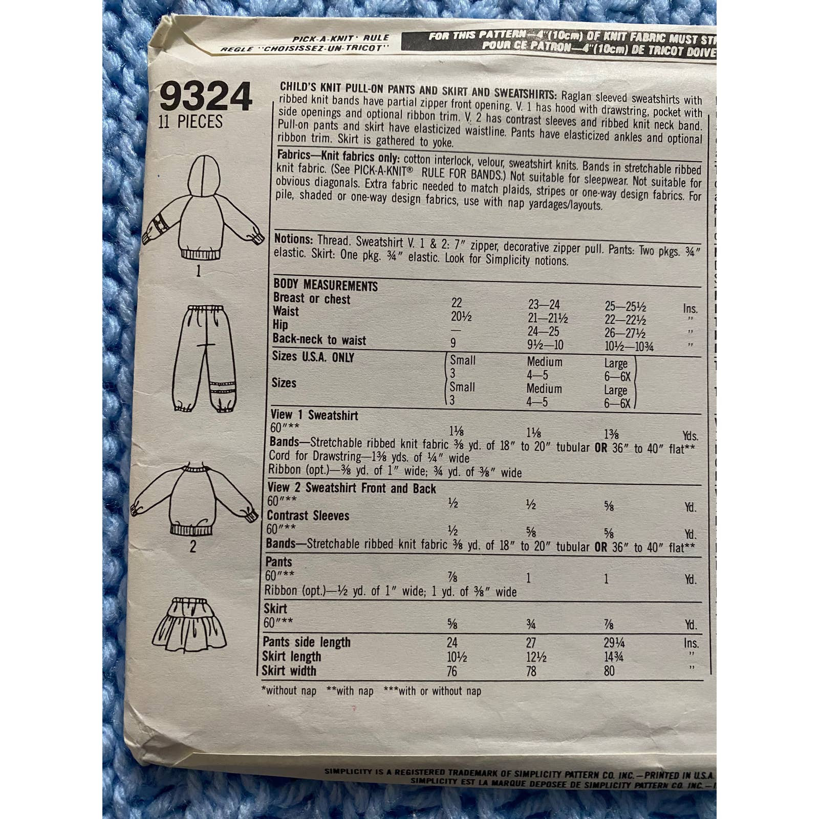 Simplicity 9324 Sewing Pattern Child's Knit Pull on Pants