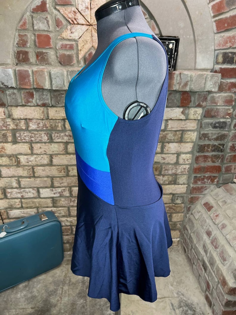 swimsuit swim dress Vintage 1980s one piece colorblocked blue teal aqua black image 6