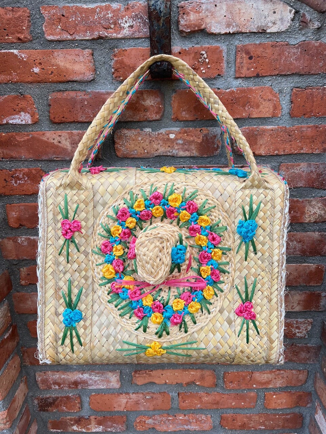 Raffia Straw Suitcase Shoulder Bag Floral Blue Pink Yellow Etsy
