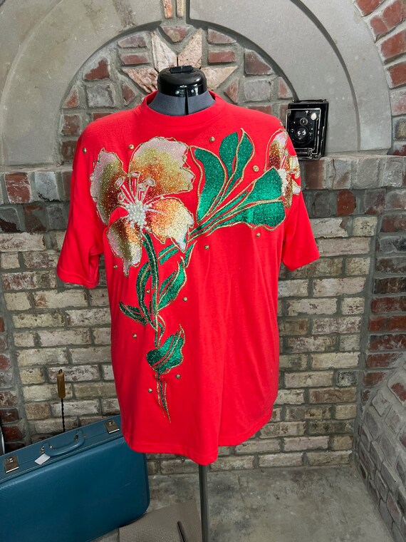 T-shirt 1980s Puff Paint Flower Orange Gold Green - Etsy