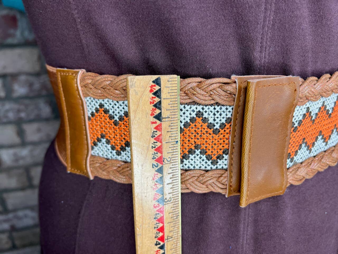 Vintage Orange Red Brown‎ Beaded Zigzag Pattern Elastic Belt Western Boho 70s 80s Wide Brown Tan Leather Cotton Rope Woven Belt  main image 3