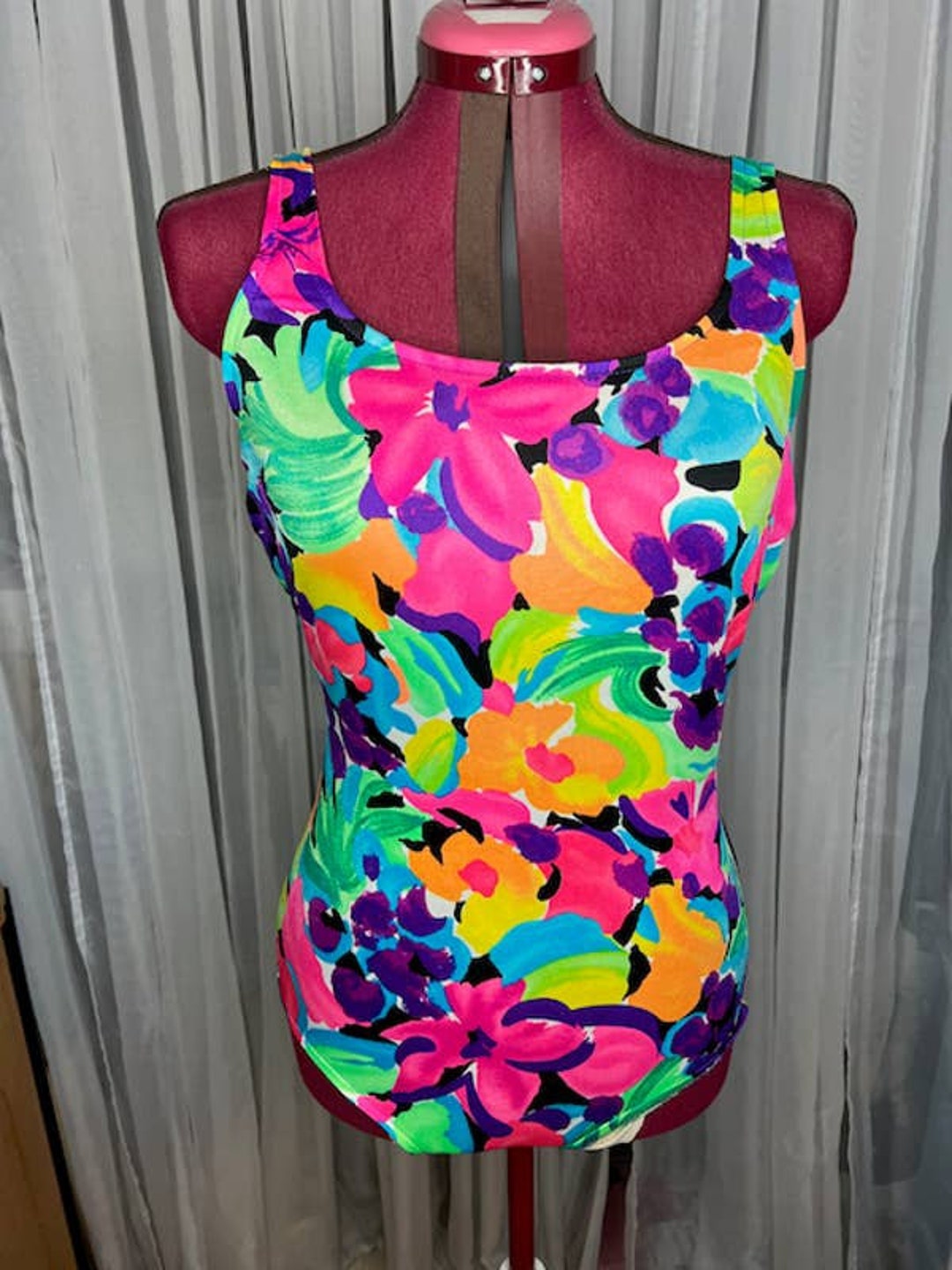 K様épine rétro flower bi-color swim wear Vintage Vibrant Blue/orange/purple Tropical Floral One Piece