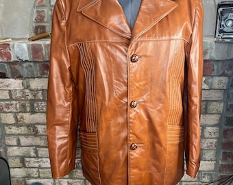 70s Vtg Brown Leather Zip up Collared Jacket Straight Cut