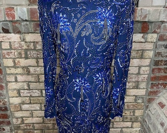dress 100% silk beaded sequins fringe 1980s blue