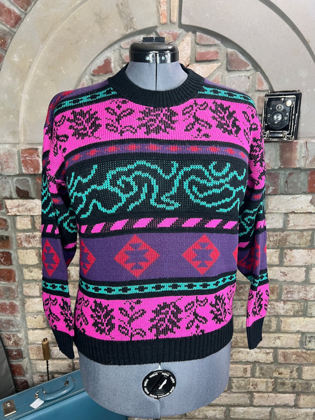 Sweater 1980s Pink Teal Green Purple Black Leaves Geometric