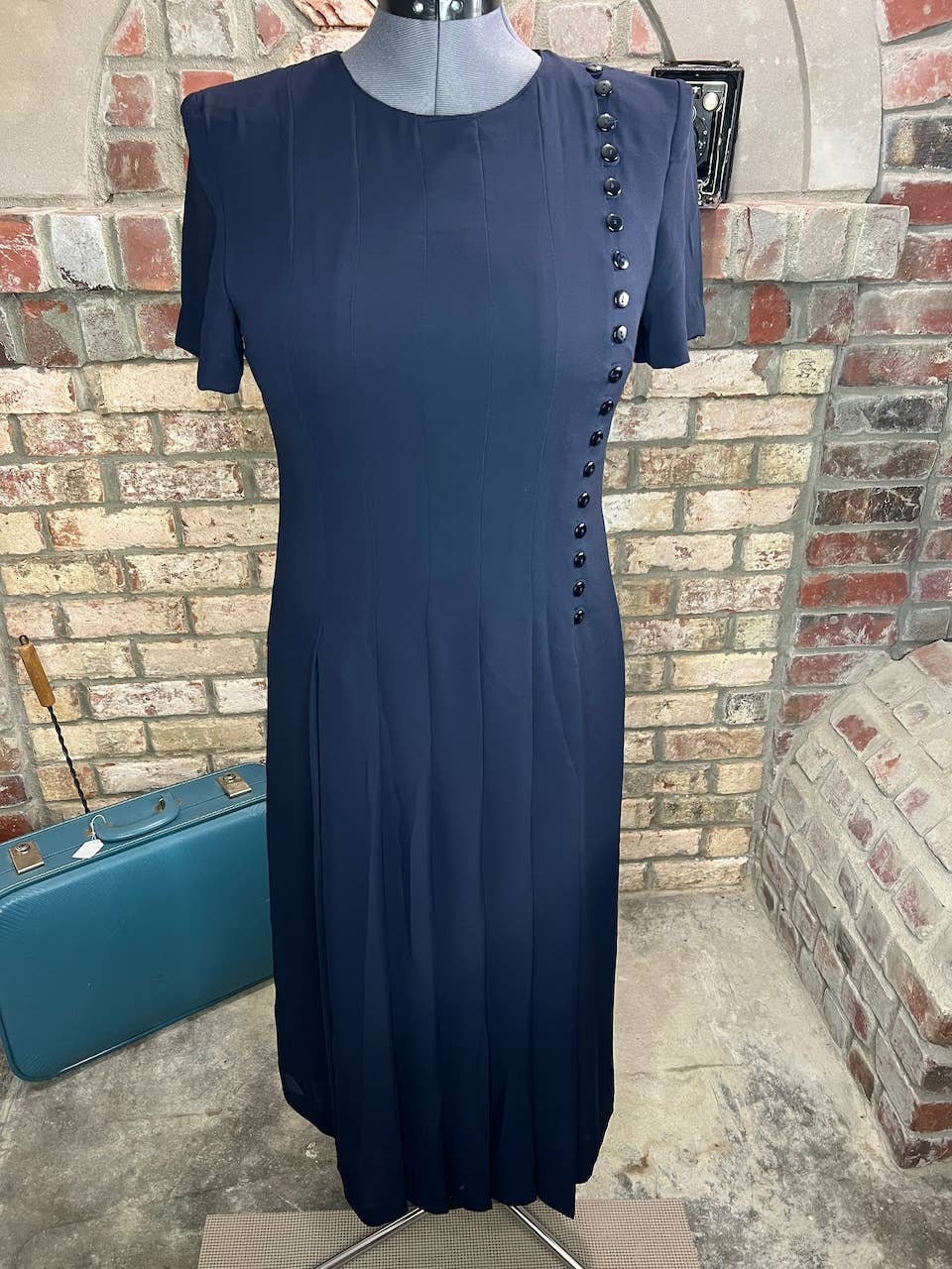 Dress 1980s Navy pleated bodice swing skirt shoulder pads