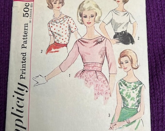 Patrón de costura Simplicity 4782 para blusa con escote barco, estilo años 60, talla 10.
