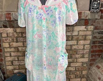floral house dress duster embroidered collar pink green sheer