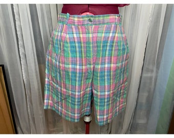 high waisted shorts pink green blue tweed 1980s