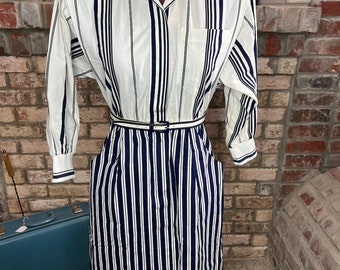 Hemdblusenkleid 1980er Jahre marine weiß gestreift passender Gürtel