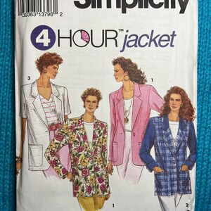 May include: A Simplicity sewing pattern for a 4-hour jacket. The pattern features illustrations of jackets in various styles, including a floral print, pink, and blue plaid. The package has the text "Simplicity" and "4 Hour Jacket".