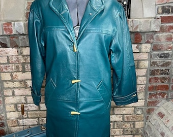 leather Jacket coat Jaqueline Ferrar teal green blue gold 1990s