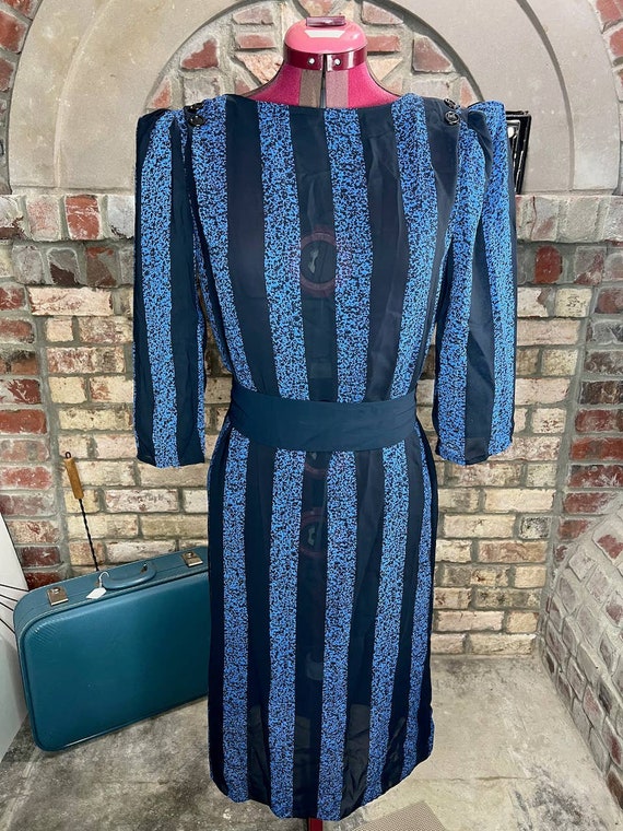 dress sheer striped puff sleeve blue black