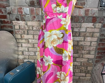 dress Hawaiian 1960s ruffle collar floral bright pink purple gold cream
