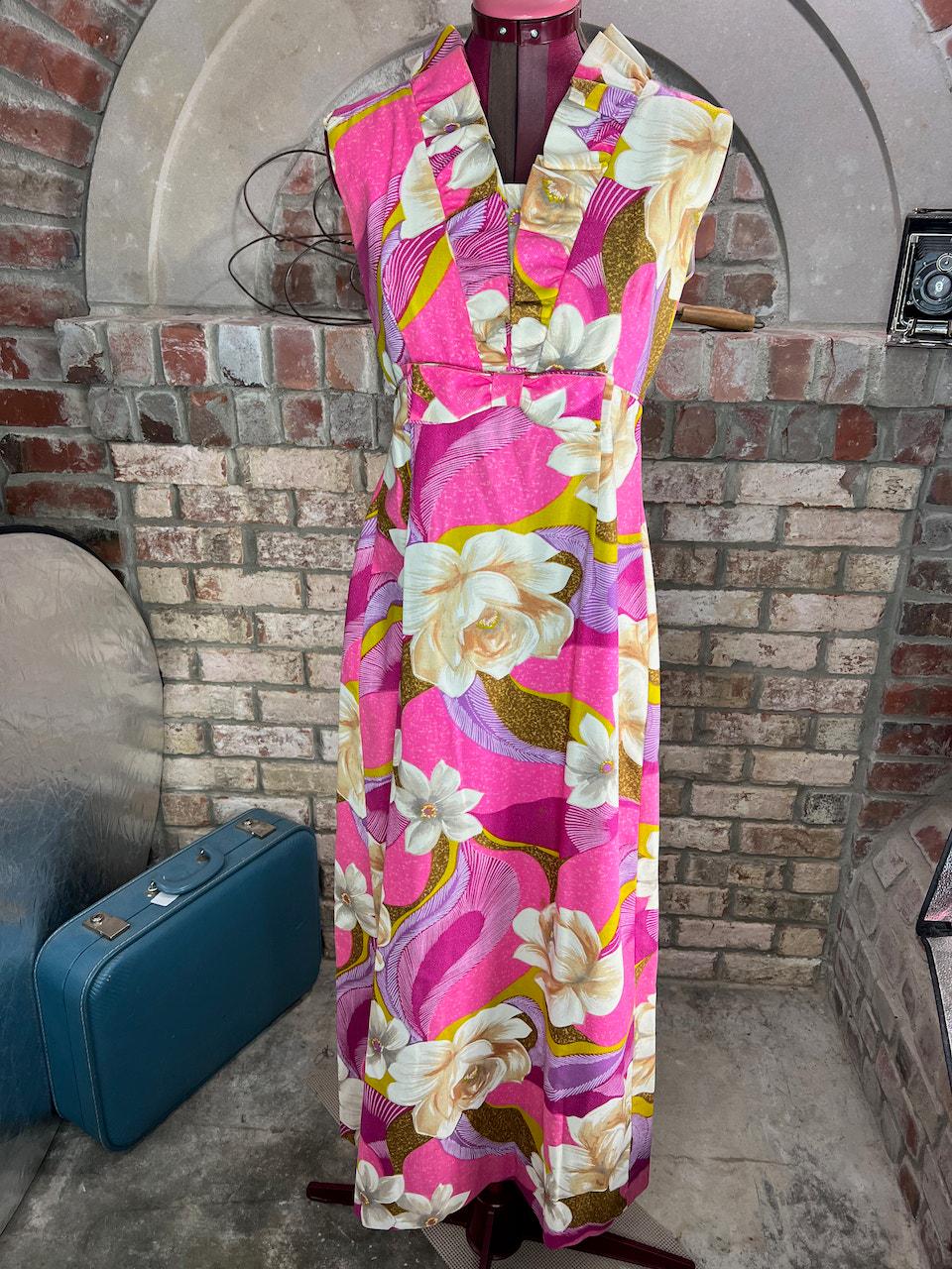 dress Hawaiian 1960s ruffle collar floral bright pink purple gold cream dress Hawaiian 1960s ruffle collar floral bright pink purple gold cream