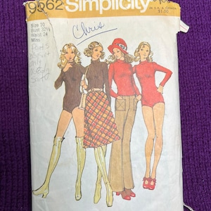 May include: Vintage Simplicity sewing pattern, size 10, featuring illustrations of body-suit designs. The pattern includes the text "Chris" and is designed for knit fabrics. The pattern's original price was $1.00 in the USA and Canada.