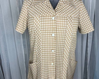 shirt button up Vintage 1970’s gingham mustard white double knit polyester