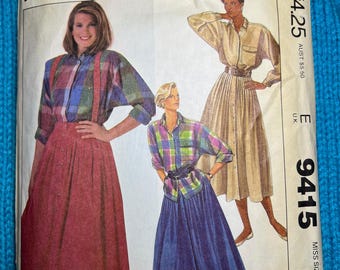McCalls Sewing pattern 9415 button up shirt midi skirt suspenders 1980s size 10