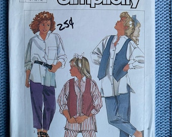 Patrón de costura Simplicity 7057 para niñas, camisa oversize, chaleco y pantalón, años 80, talla 8, 10 y 12