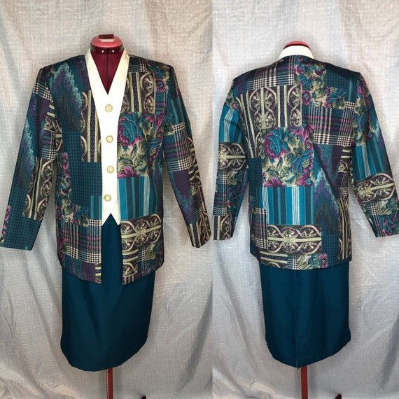 80s suit faux vest straight skirt faux patchwork - image 1