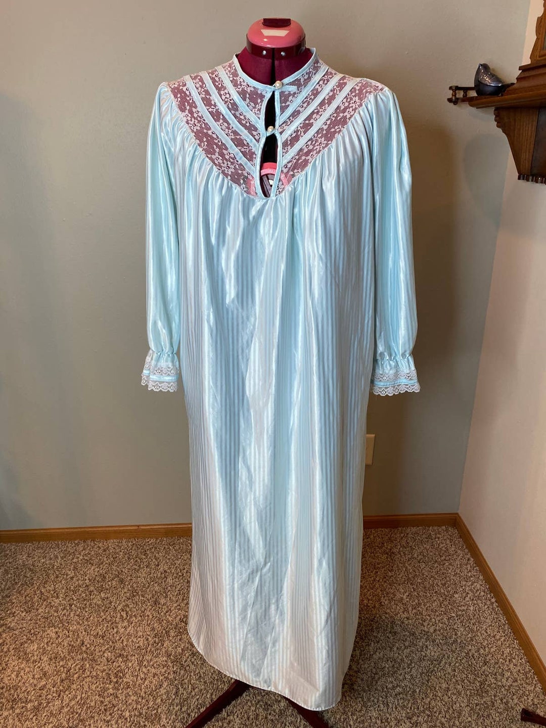 Satin Nightgown Long Sleeve Lace Collar Seafoam Etsy