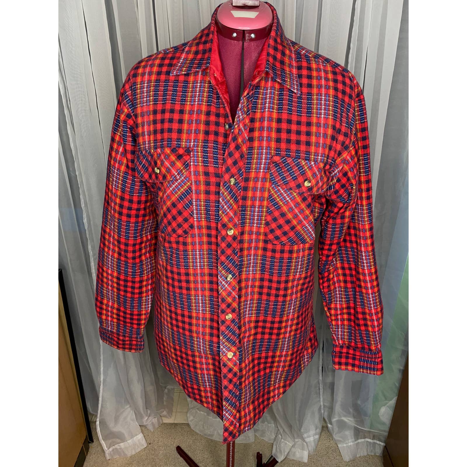Flannel Plaid Quilted Jacket Red Blue Vintage Shacket