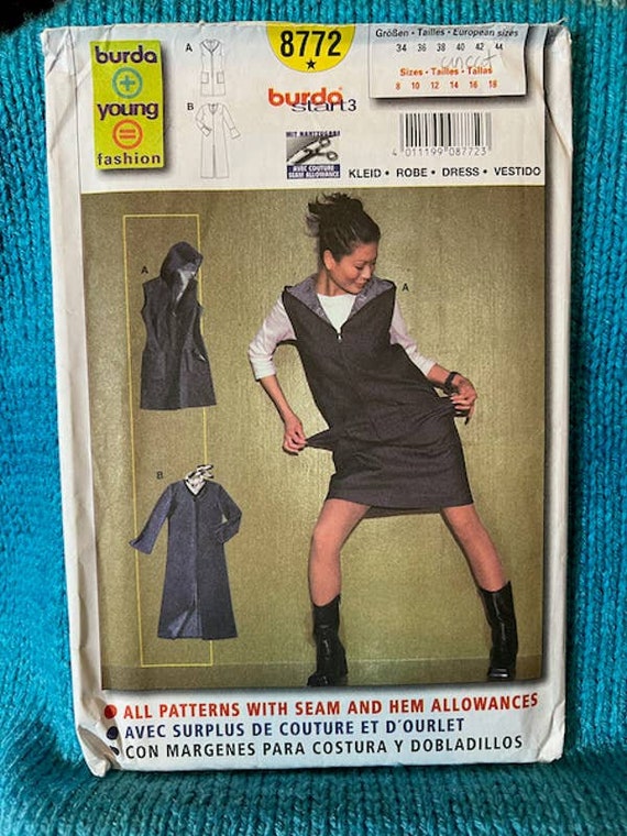 Burda 8772 Sewing Pattern Womens Jumper Dress Long Sleeve Hood Etsy