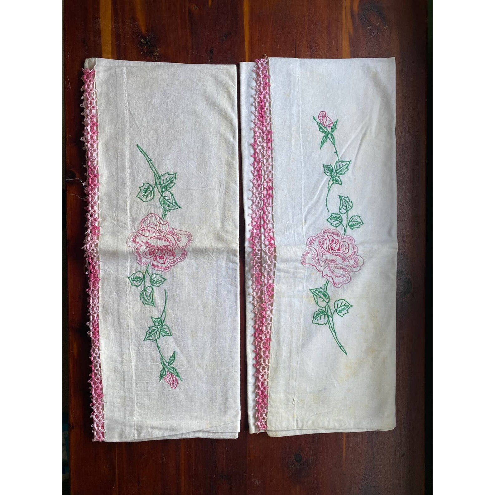 Vintage pillowcases hand embroidered rose Etsy