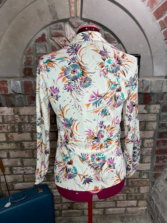 Blouse floral 1970s button up orange green pink b… - image 3