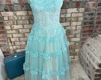 formal dress prom 1950s floral princess tulle aqua blue