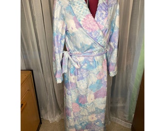 fleece robe quilted collar floral purple blue