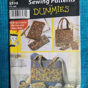 May include: A Simplicity sewing pattern for totes and accessories, featuring a variety of bag designs. The pattern includes instructions for creating different styles, with the text "Sewing Patterns for Dummies" prominently displayed. The image shows examples of finished products.