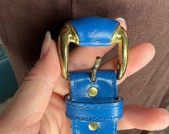 Belt Leather Blue Gold Tone Buckle 1980s - Etsy display picture 1