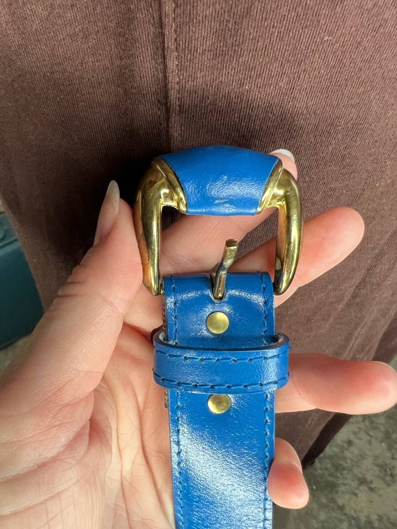 Belt Leather Blue Gold Tone Buckle 1980s - Etsy display picture 1