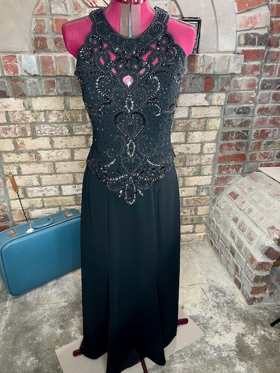 formal dress prom beaded black cutout neckline