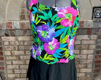 swimsuit swim dress Vintage 1980s one piece floral pink green purple