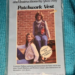 May include: A package for a patchwork vest pattern by Yours Truly. The cover features a photo of two women wearing patchwork vests. The text reads "Patchwork Vest" and "Perfect for Prequilted Fabrics."
