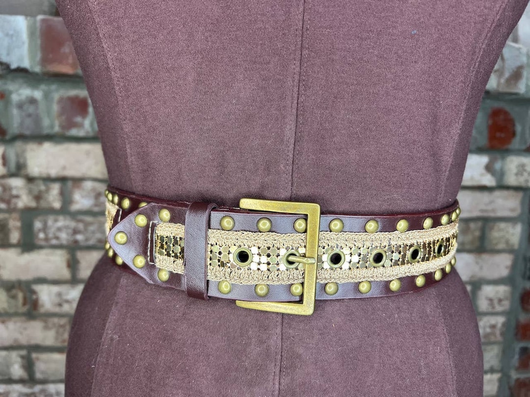 Y2K‎ Boho Leather Belt Womens M Brown Studded Whipstitch Brass Buckle Classic Studded Leather Belt Women Medium Brown Whipstitch Brass  main image 2