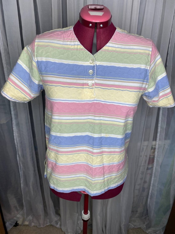 T-shirt striped textured vintage 80s blue green ye