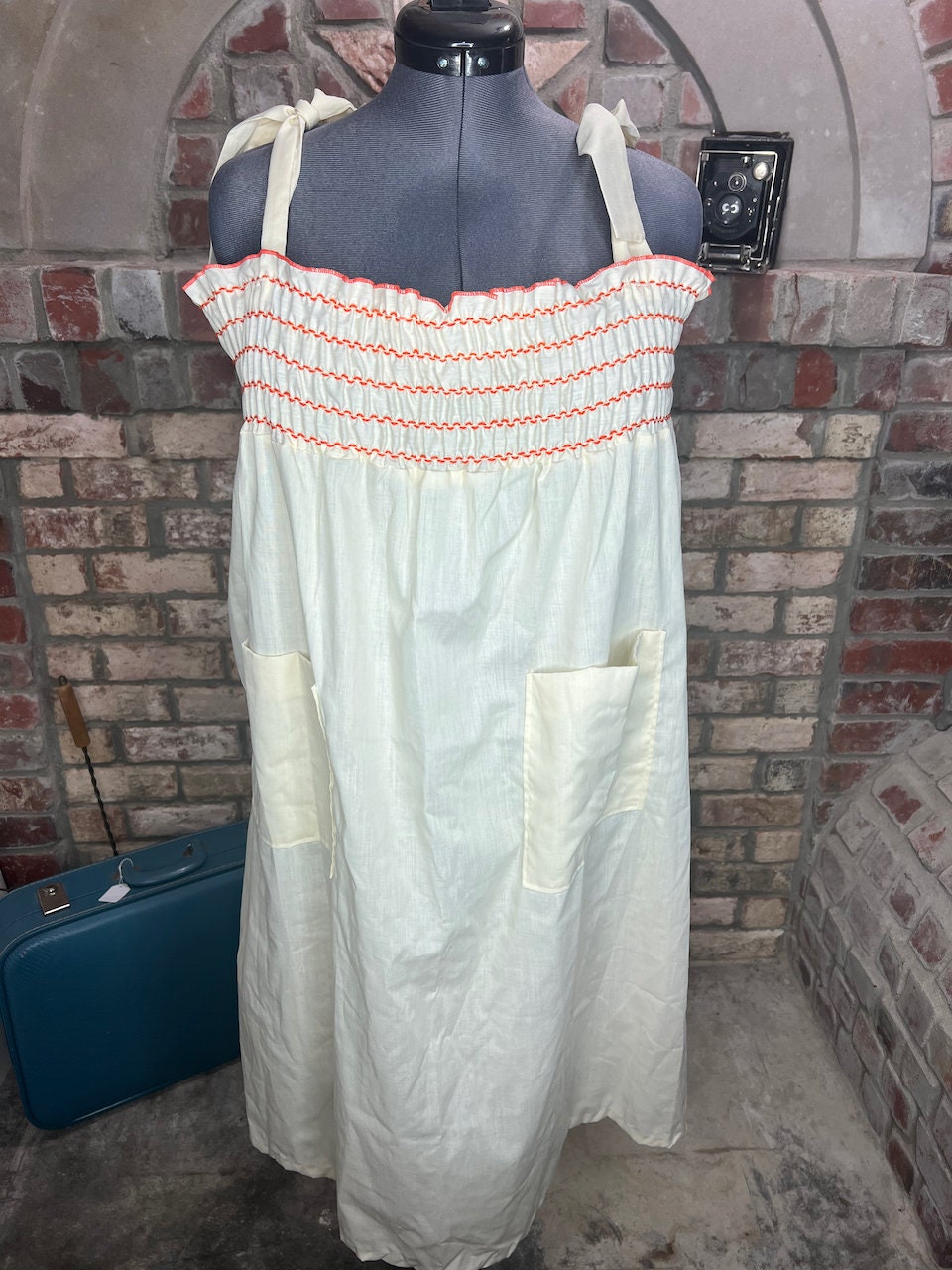 Vintage Aprons, Retro Aprons, Old Fashioned Aprons & Patterns Apron Dress Vintage Smocking Cream Orange $45.99 AT vintagedancer.com