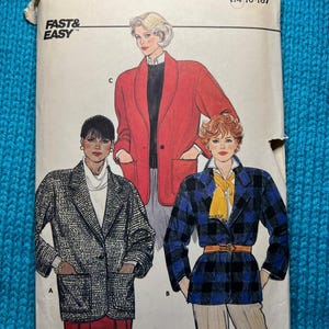 May include: A vintage sewing pattern for a blazer, featuring three different styles. The pattern is from Butterick, pattern number 6882, and is for sizes 14-16-18. The pattern includes instructions for a plaid blazer, a solid red blazer, and a tweed blazer.