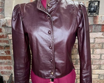 leather Jacket OXBLOOD red burgundy wine cropped puff sleeves